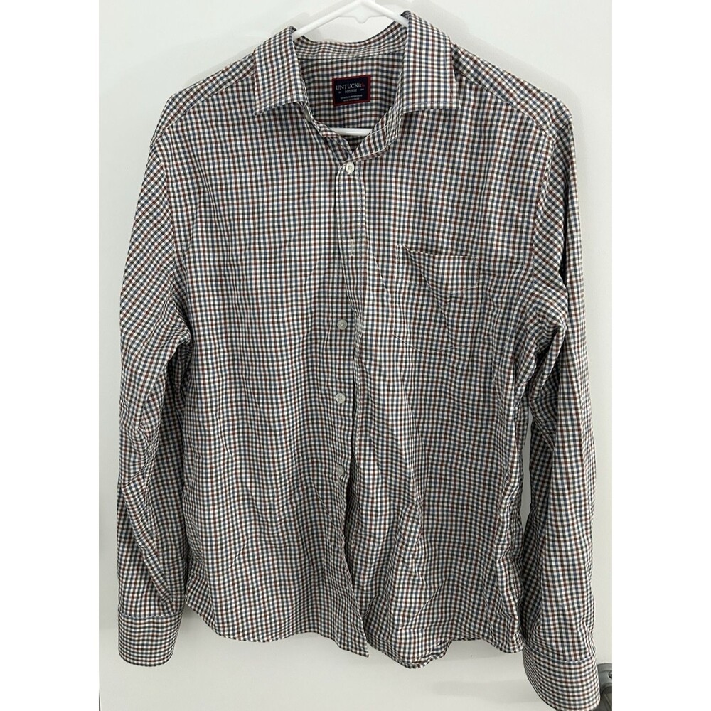 Untuckit Button Up Shirt Men’s Medium Plaid Blue brown Nylon  casual